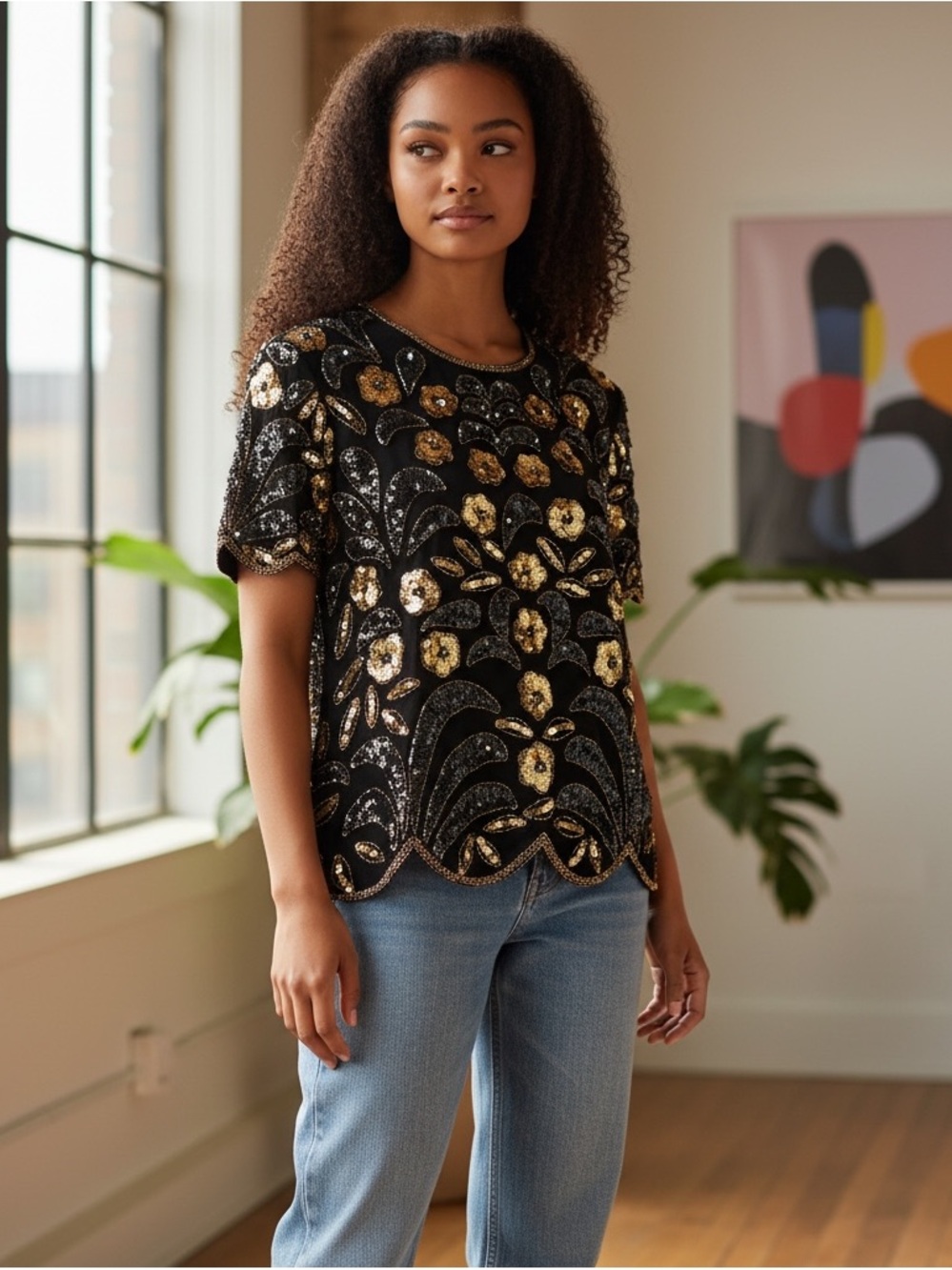 Stenay VTG  80’s Trophy Top Sequined and Beaded Glamorous Floral Gold & Black